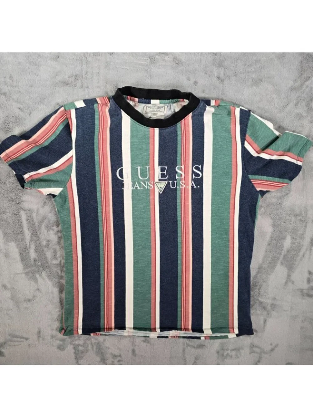 Guess Jeans U.S.A. Embroidered Logo Faded Multicolor Striped T-Shirt (M) - Picture 9 of 12